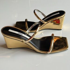 Zara Glamorous Metallic Gold wedge Heeled Mule Sandals, new